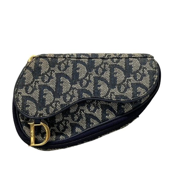 Auth DIOR/ChristianDior Trotteur - Cream Dark Navy Jacquard Leather Pouch - Picture 1 of 7